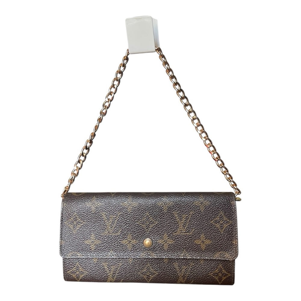 Vintage Louis Vuitton Monogram Long Wallet Bag Zip Coin Pouch Brown With Chain